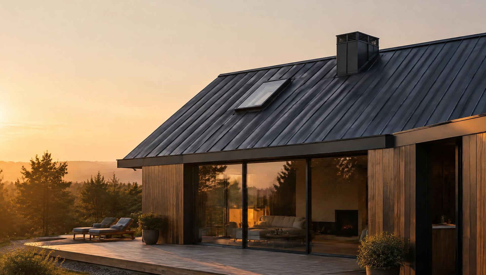 Moderne woning met donker zinken dak bij zonsondergang